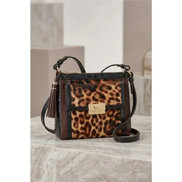 Brahmin Genuine Leather Calf Hair Leopard Print Crossbody Bag croc embossed - Picture 1 of 16